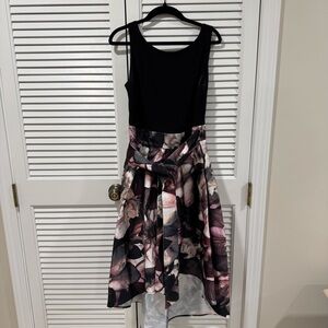 SLNY Black and Floral High Low Dress